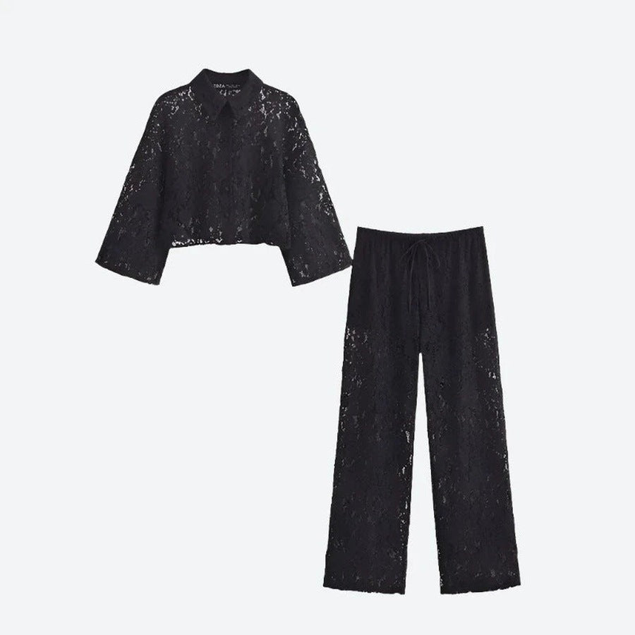 Elegant Lace Two-Piece Blouse Pant Set