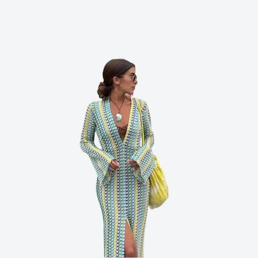 Elegant Long-Sleeve Patterned Maxi Dresses