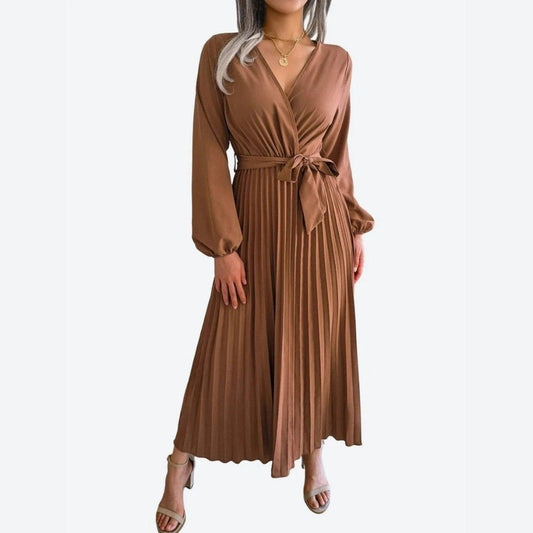 Elegant Long-Sleeve Pleated Midi Dresses