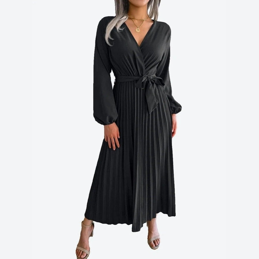 Elegant Long-Sleeve Pleated Midi Dresses