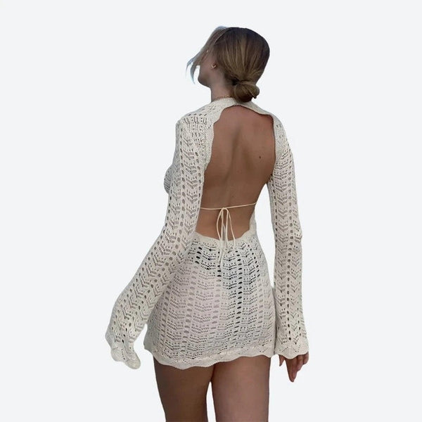 Elegant Open-Back Long Sleeve Crochet Dresses