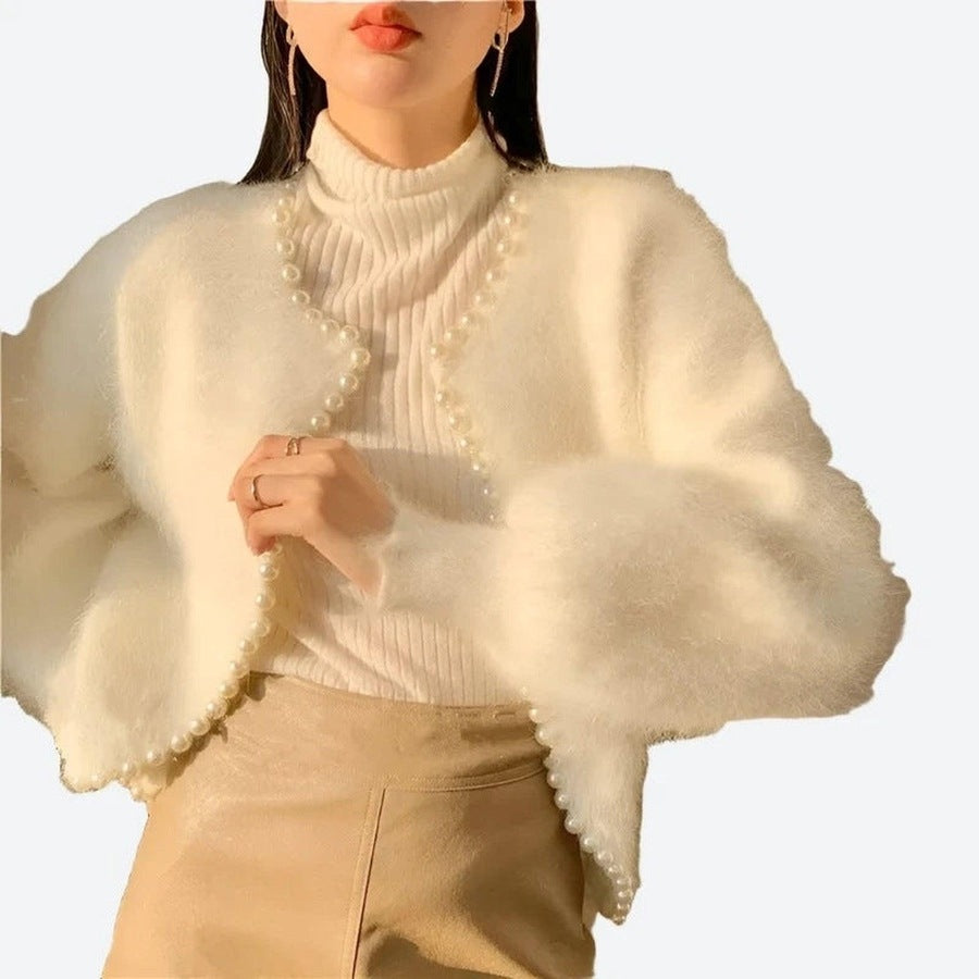 Elegant Pearl-Trimmed Fluffy Cardigans