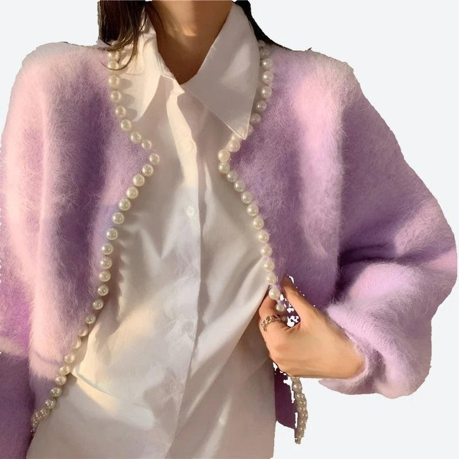 Elegant Pearl-Trimmed Fluffy Cardigans