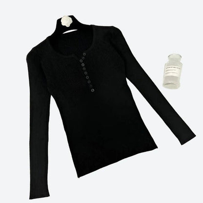 Elegant Ribbed Long-Sleeve Henley Tops