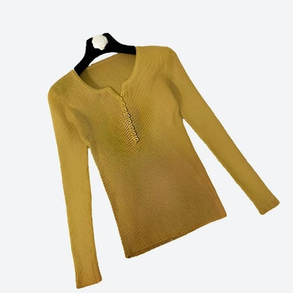 Elegant Ribbed Long-Sleeve Henley Tops