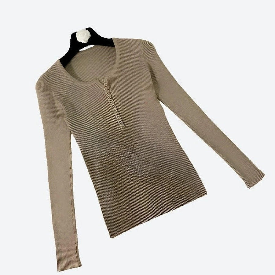 Elegant Ribbed Long-Sleeve Henley Tops