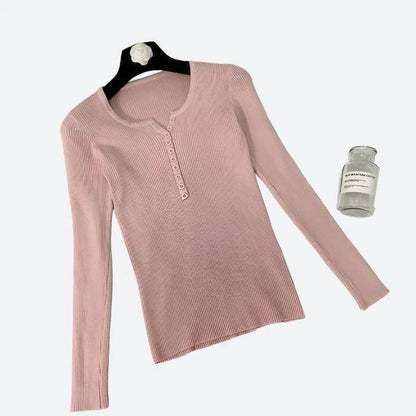 Elegant Ribbed Long-Sleeve Henley Tops