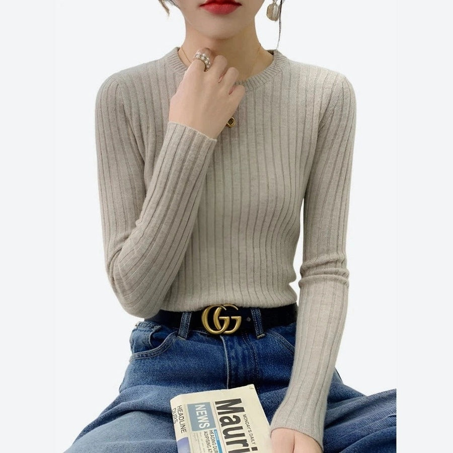 Elegant Ribbed Long-Sleeve Knit Tops