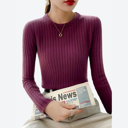 Elegant Ribbed Long-Sleeve Knit Tops