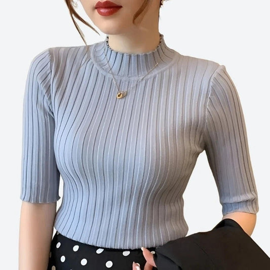 Elegant Ribbed Mock Neck Half-Sleeve Tops