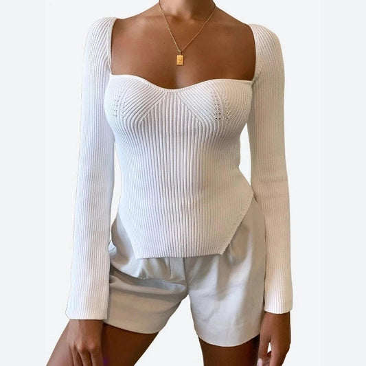 Elegant Square-Neck Ribbed Knit Tops