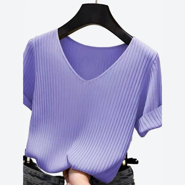 Elegant V-Neck Ribbed Blouses