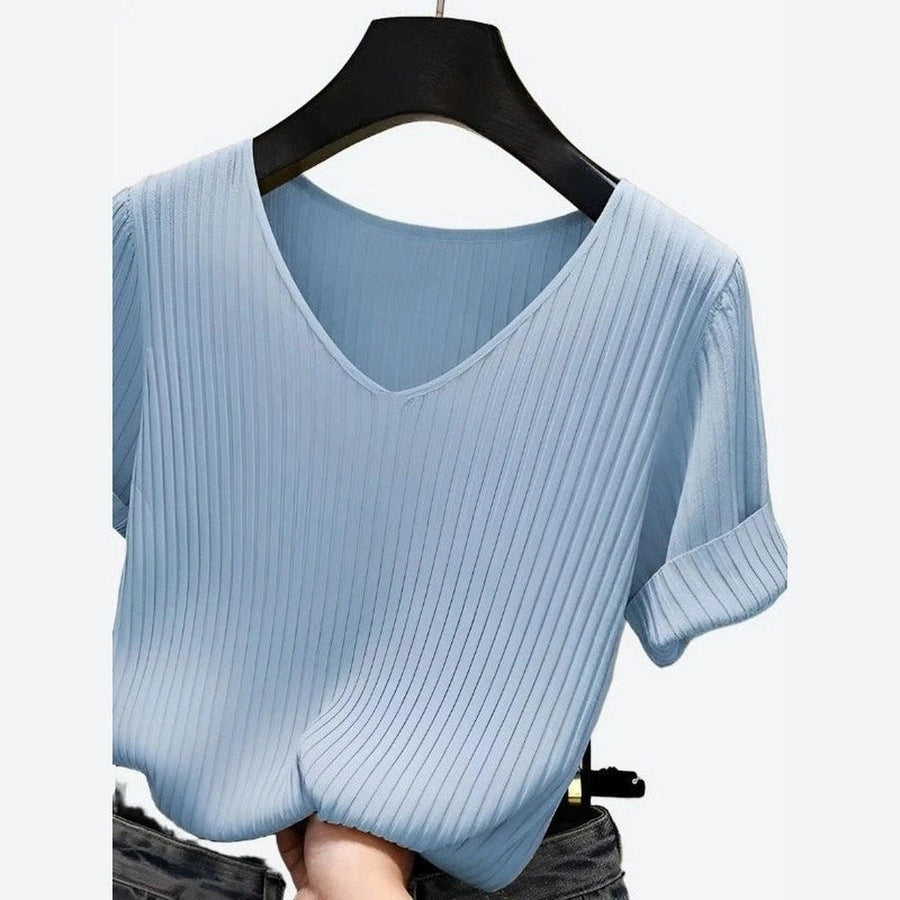 Elegant V-Neck Ribbed Blouses