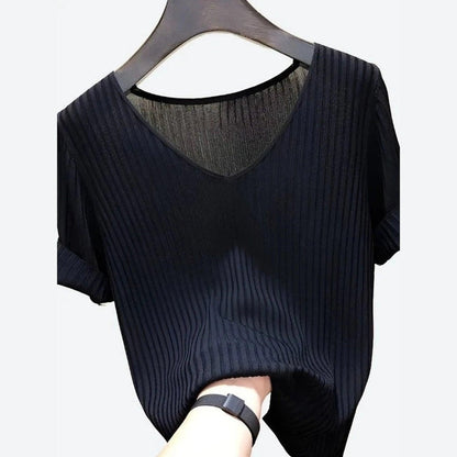 Elegant V-Neck Ribbed Blouses