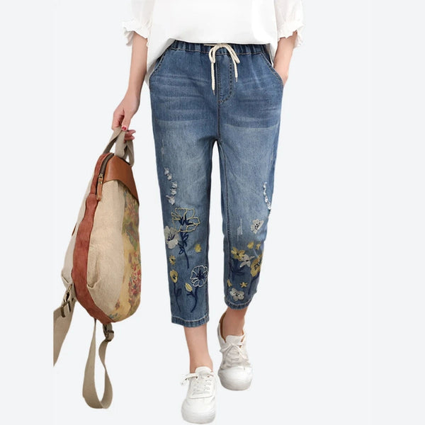 Floral Embroidered Drawstring Denim Pants