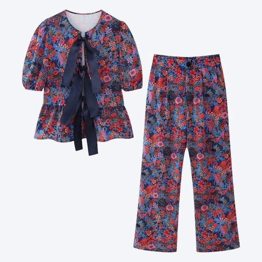 Floral Print Tie-Front Tops and Pant Set