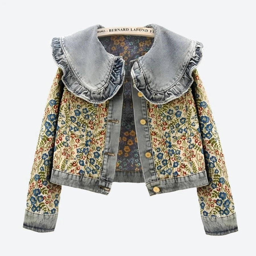 Floral Ruffle Collar Denim Jackets