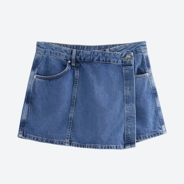 High-Waist Wrap Denim Mini Skirts