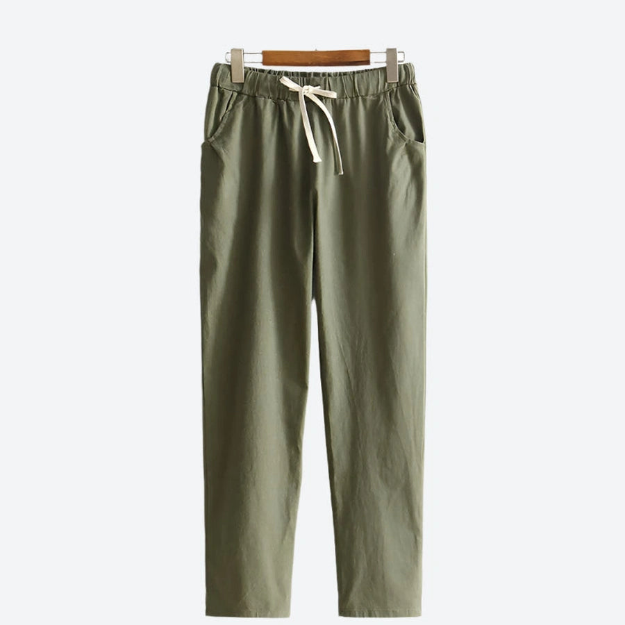 Lightweight Drawstring Straight-Leg Cotton Pants