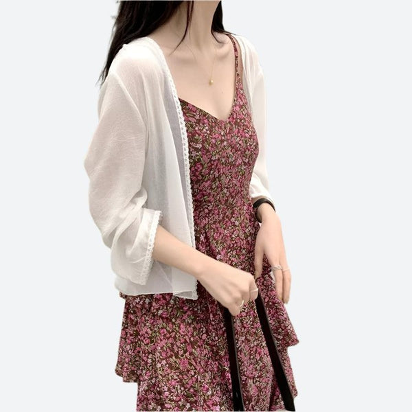 Lightweight Floral Ruffled Dress with Cardigan