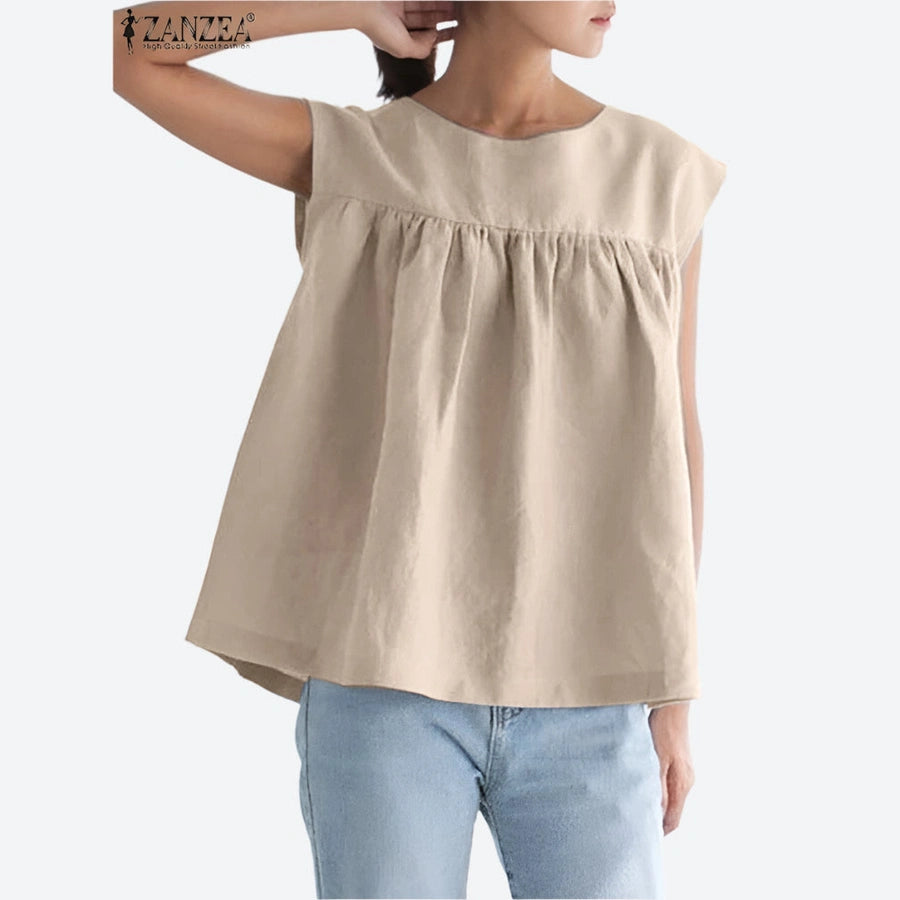 Loose Gathered Sleeveless Cotton Tops