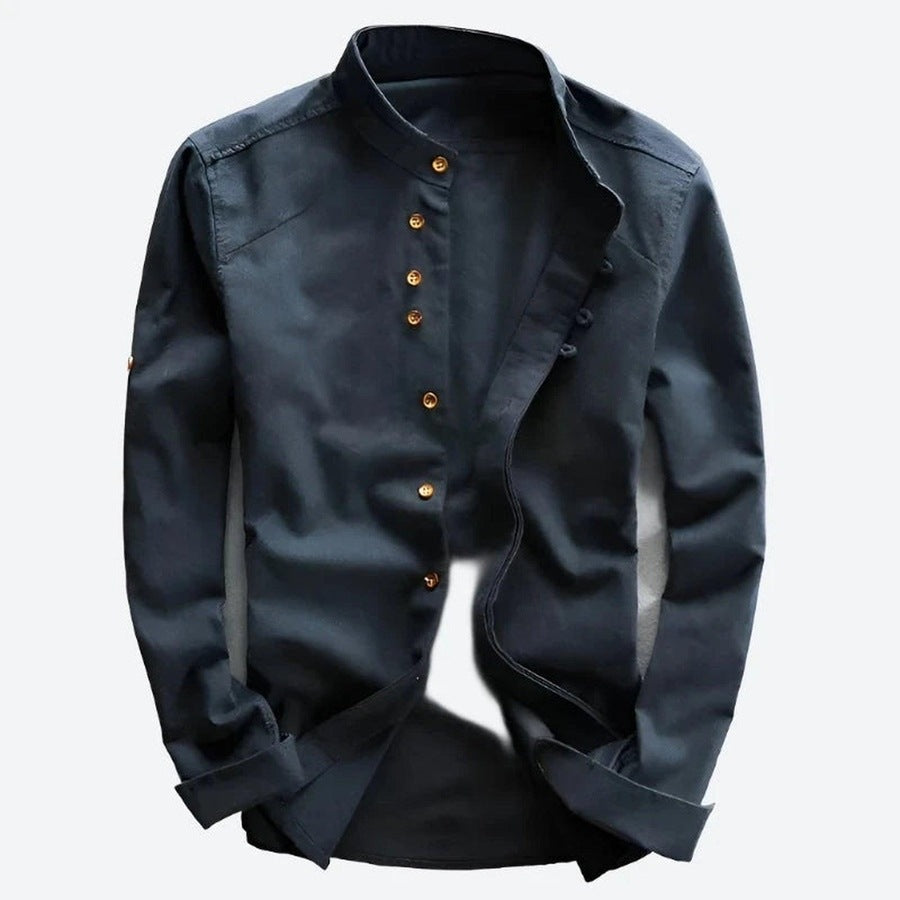 Refined Gold-Button Stand-Collar Shirts