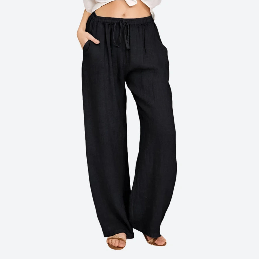 Relaxed Drawstring Wide-Leg Linen Pants