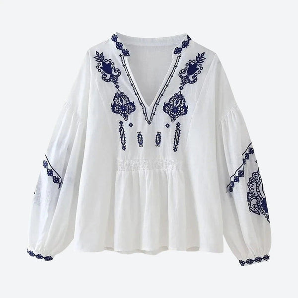 Relaxed Fit Embroidered V-Neck Blouses