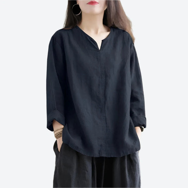 Relaxed Long-Sleeve Split Neck Blouses