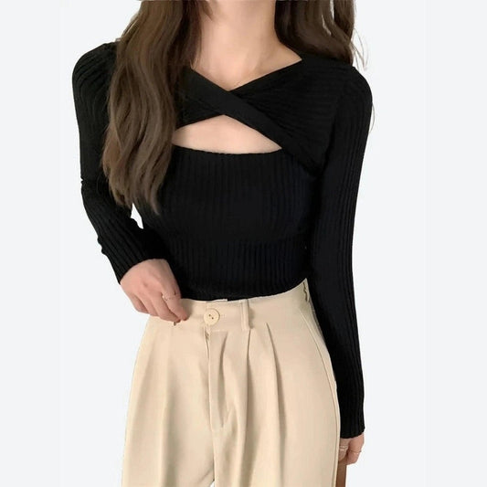 Ribbed Cutout Knit Long-Sleeve Tops