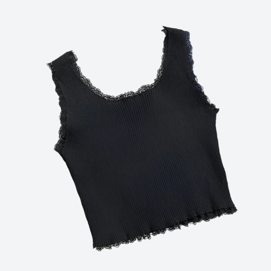 Ribbed Lace-Trim Sleeveless Tank Tops