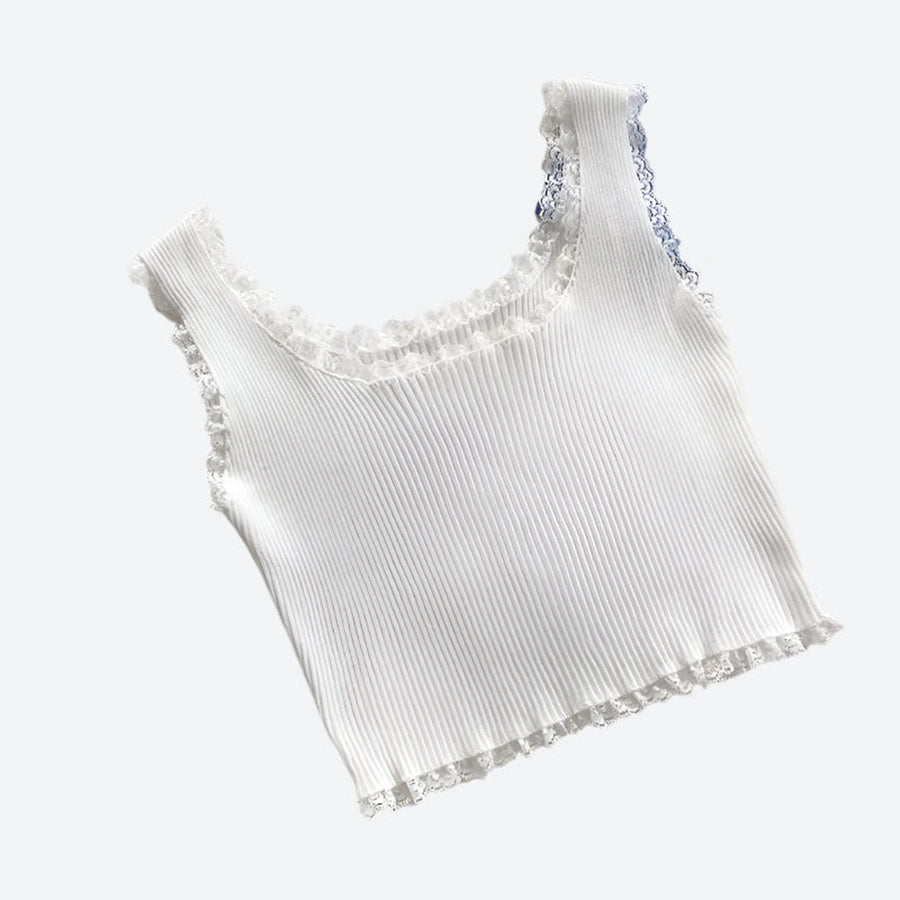 Ribbed Lace-Trim Sleeveless Tank Tops