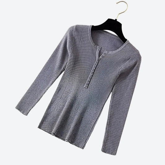 Ribbed Long-Sleeve Henley Knit Tops