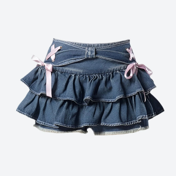 Ruffled Denim Layered Mini Skirts