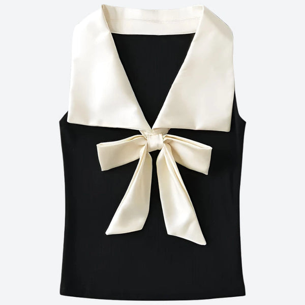 Satin Bow Contrast Collar Tank Tops