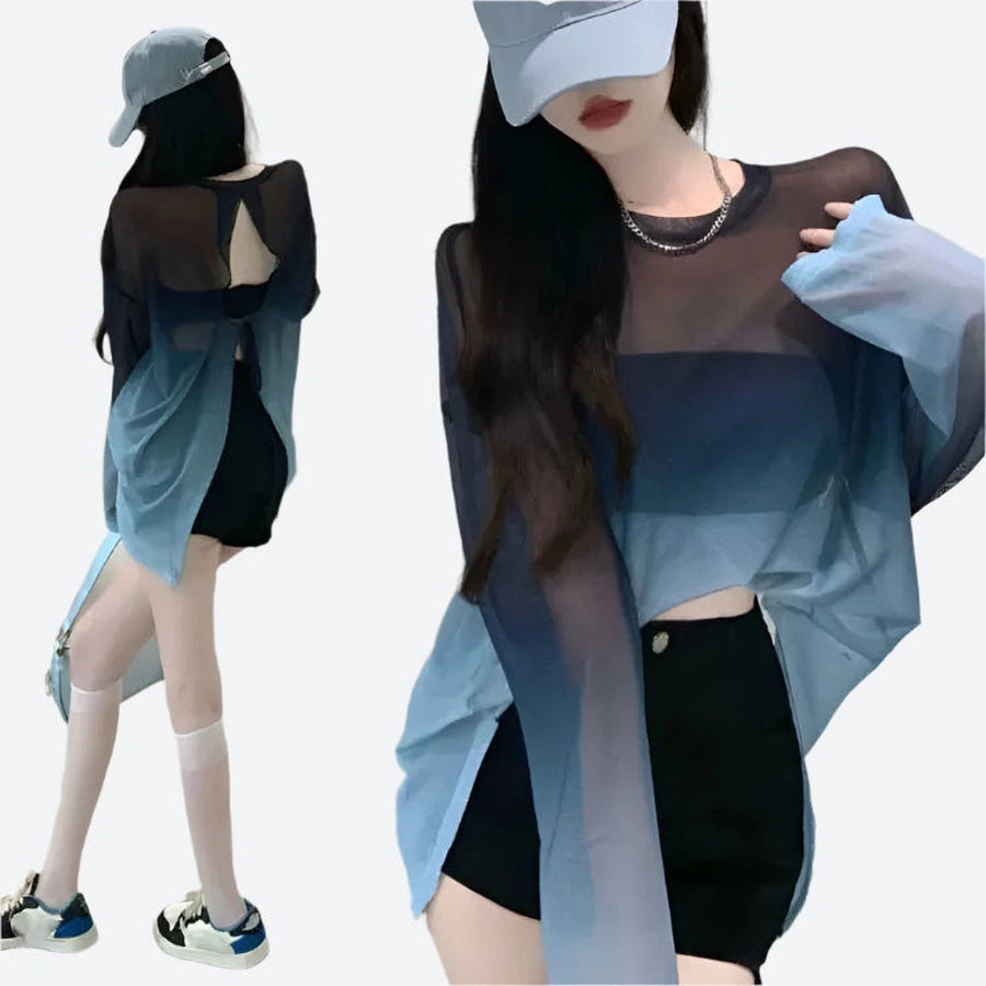 Sheer Backless Gradient Long Tops