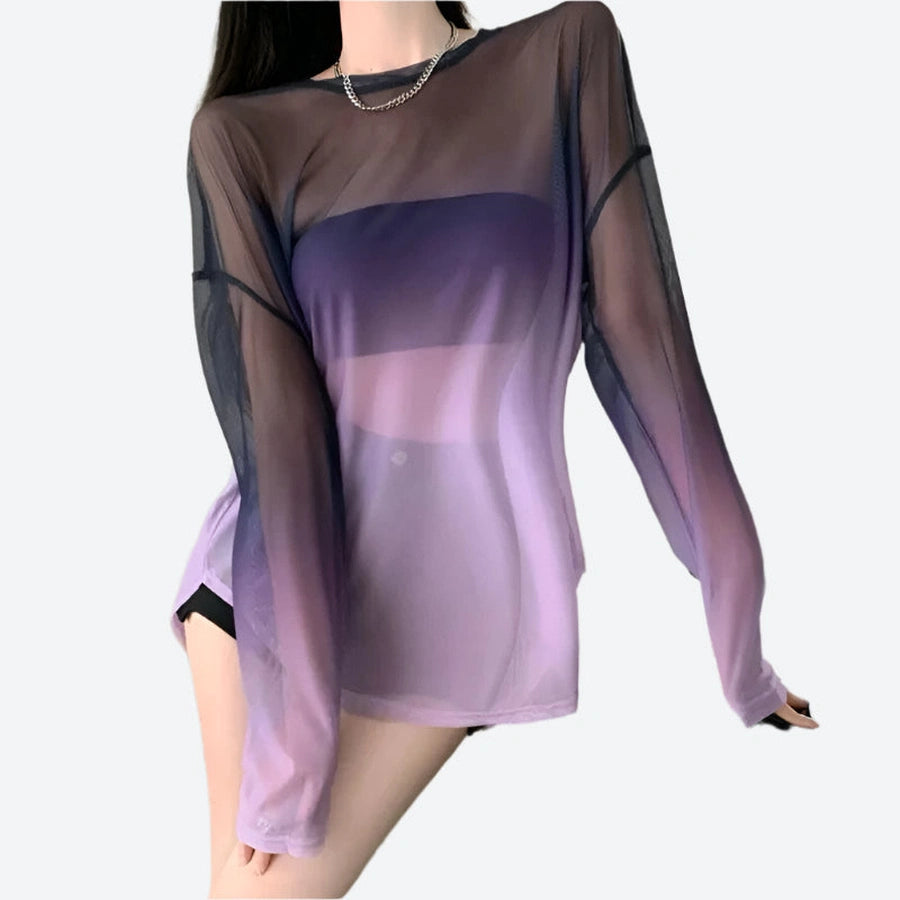 Sheer Backless Gradient Long Tops