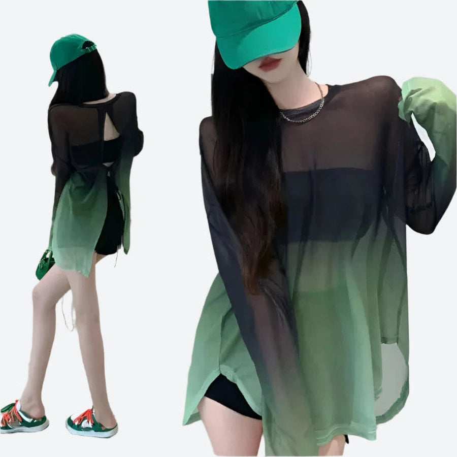 Sheer Backless Gradient Long Tops