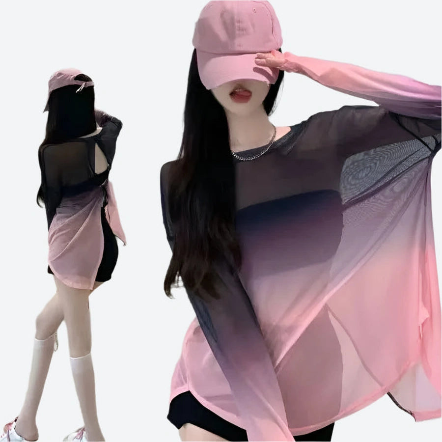 Sheer Backless Gradient Long Tops