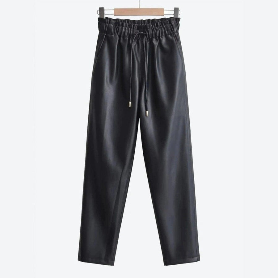 Sleek Faux Leather Elastic Waist Pants