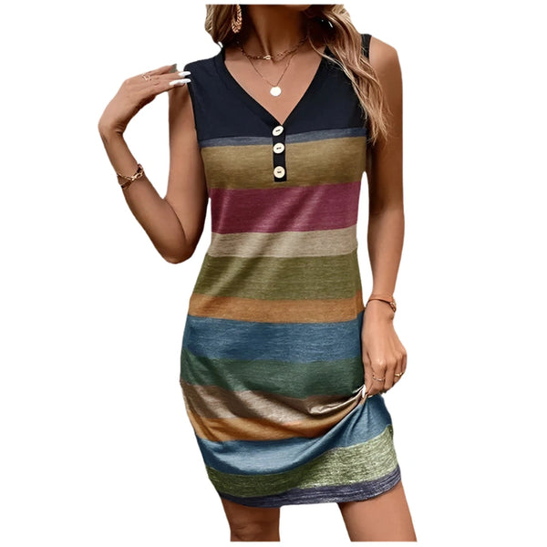 Striped Button V-Neck Mini Dresses