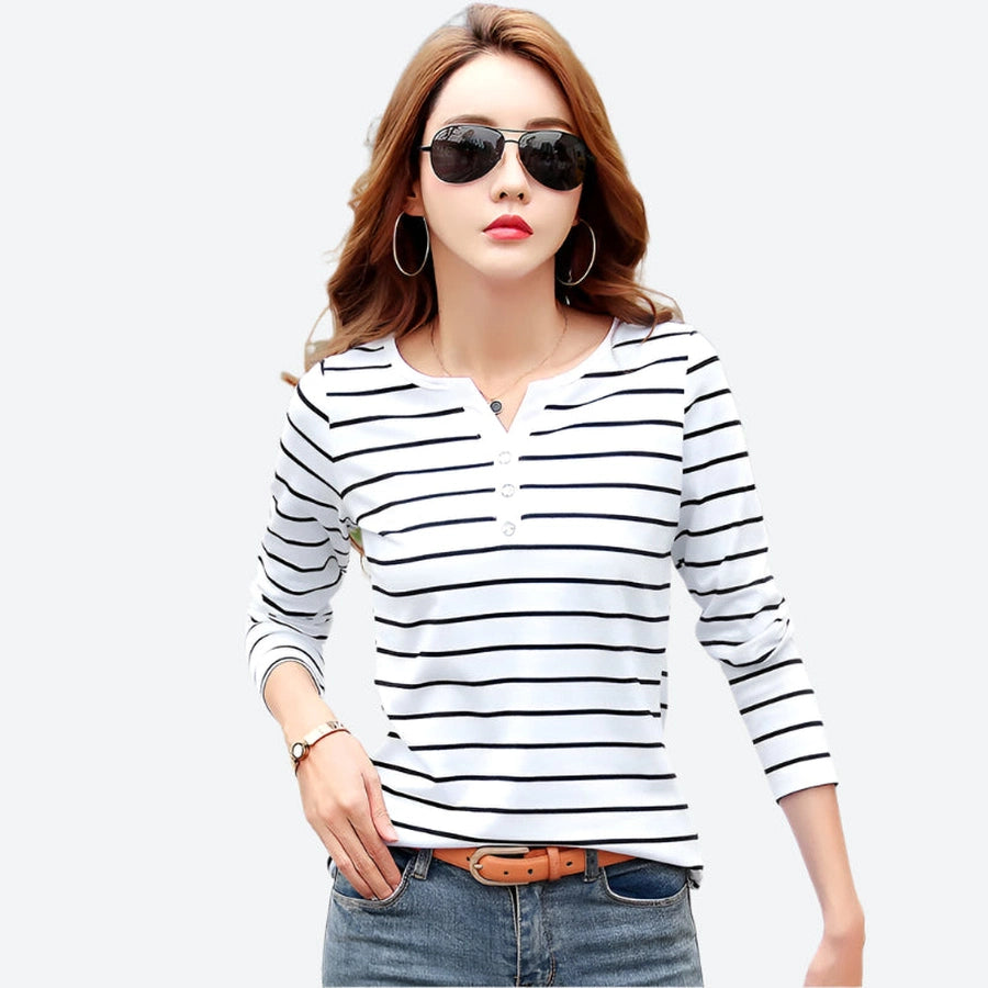 Striped Buttoned Long-Sleeve Casual Tops