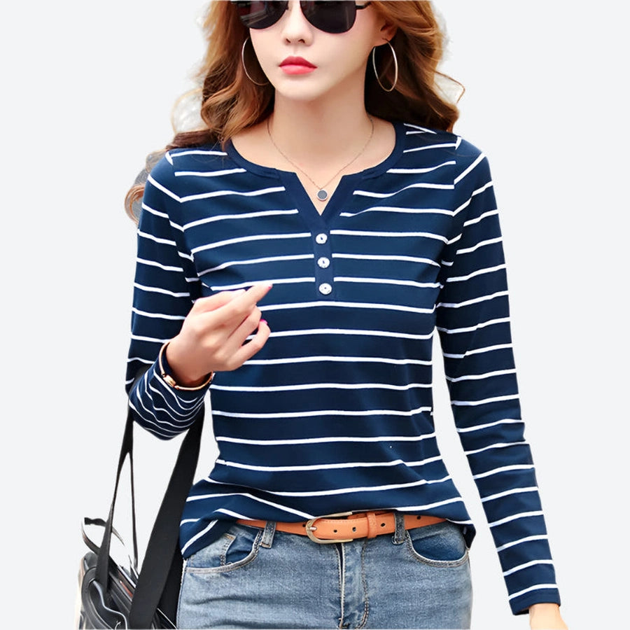 Striped Buttoned Long-Sleeve Casual Tops