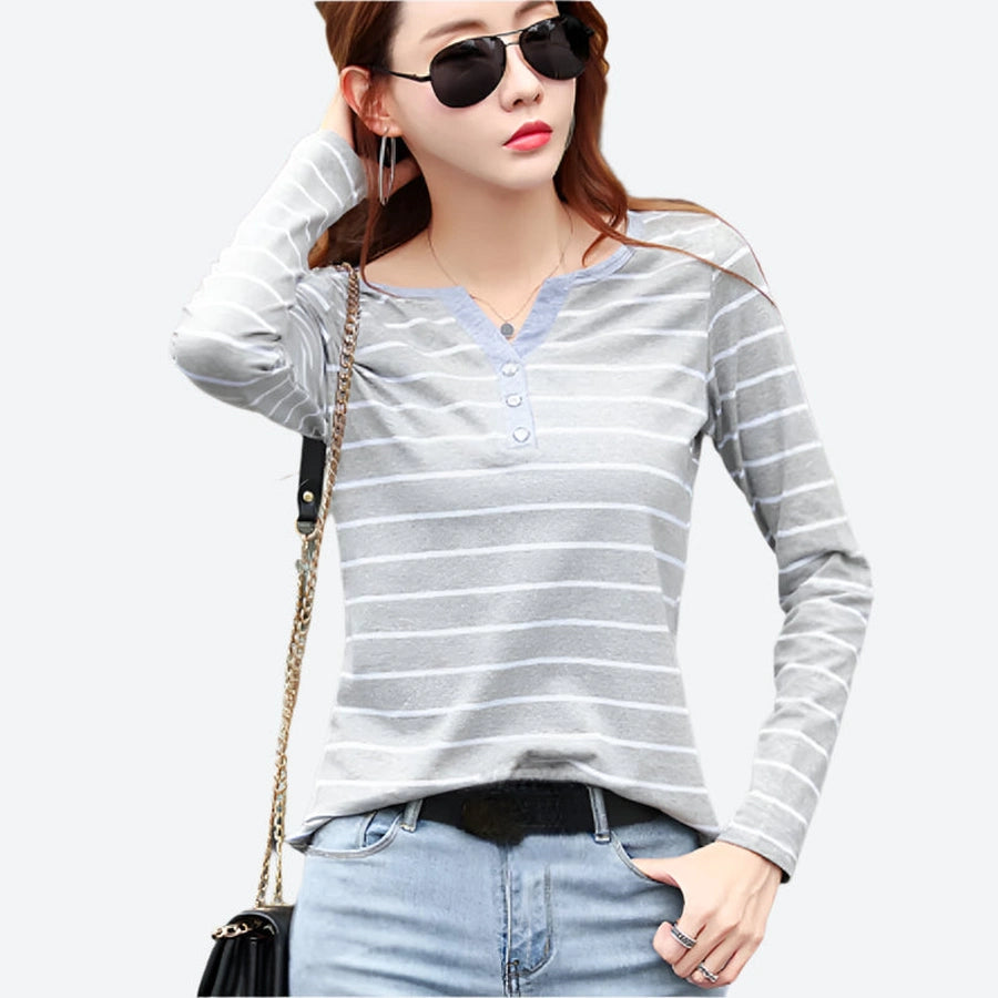 Striped Buttoned Long-Sleeve Casual Tops