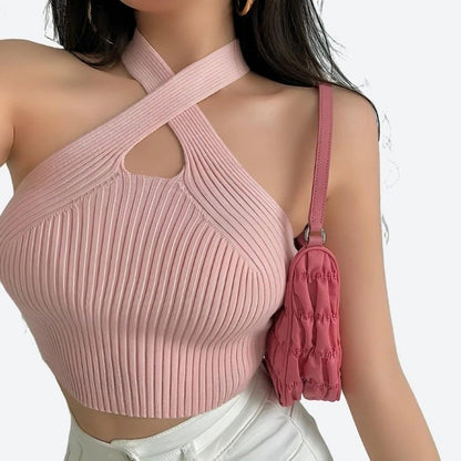 Stylish Cross-Neck Ribbed Crop Tops