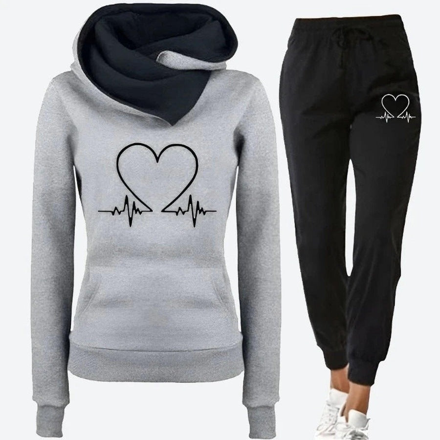 Stylish Heartbeat Print Hoodie Set