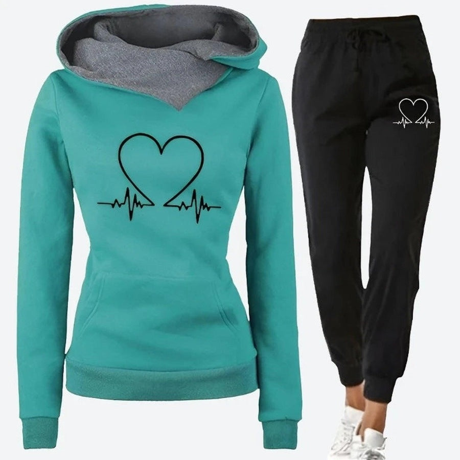 Stylish Heartbeat Print Hoodie Set