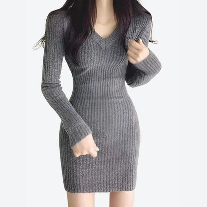 Stylish Ribbed Bodycon V-Neck Dresses