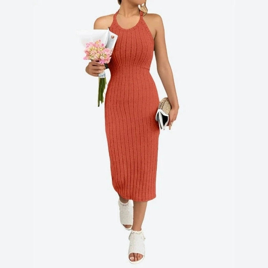 Stylish Ribbed Halter Neck Midi Dresses