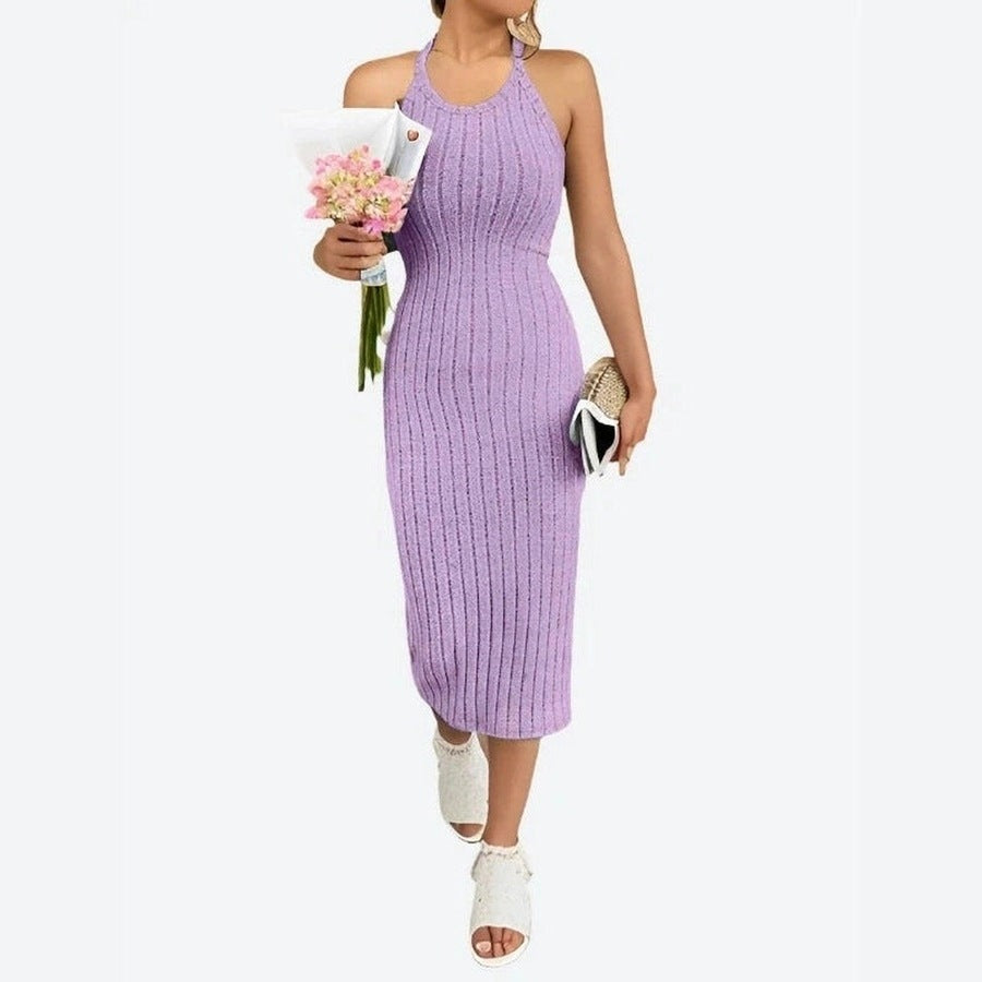 Stylish Ribbed Halter Neck Midi Dresses